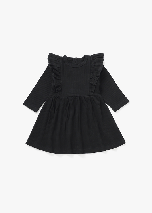 Ribbed Flutter Dress | Black